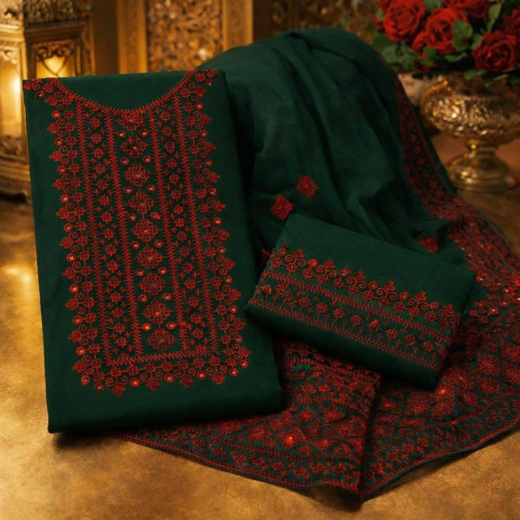 Hurmucha Machine Work & Sitara Foil Detailing Embroidered Lawn Cotton with Chiffon Dupatta – 3PC Unstitch Dress 👗