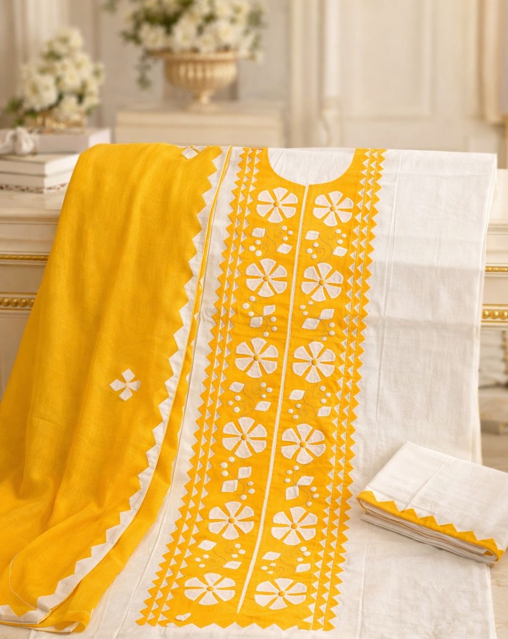 Handmade Applique Work Suit – Soft Cotton Fabric with Contrast Chiffon Dupatta - 3PC Unstitch Dress