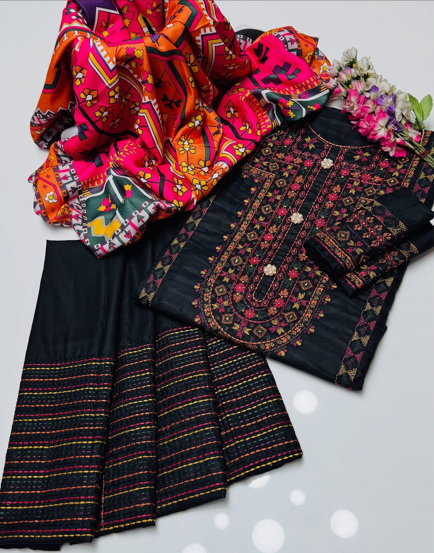 Winter Dhanak 3-Piece Suit – Heavy Multi Embroidered Shirt with Digital Printed Multi Shawl & Embellished Trouser