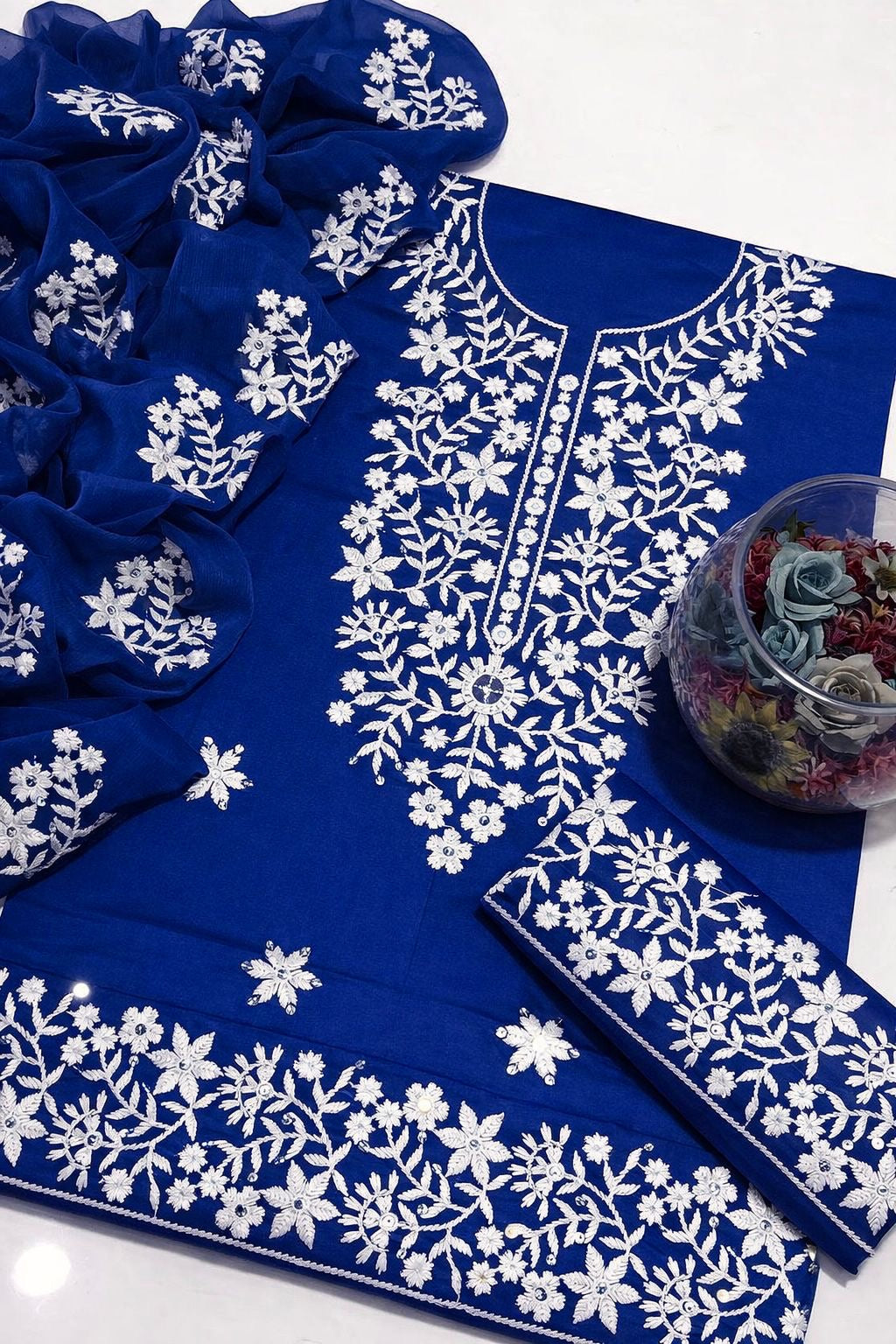 White Thick Thread Sequence Sitara Embroiderd Lawn Cotton With Chiffon Dupatta - 3PC Unstitch Dress 👗