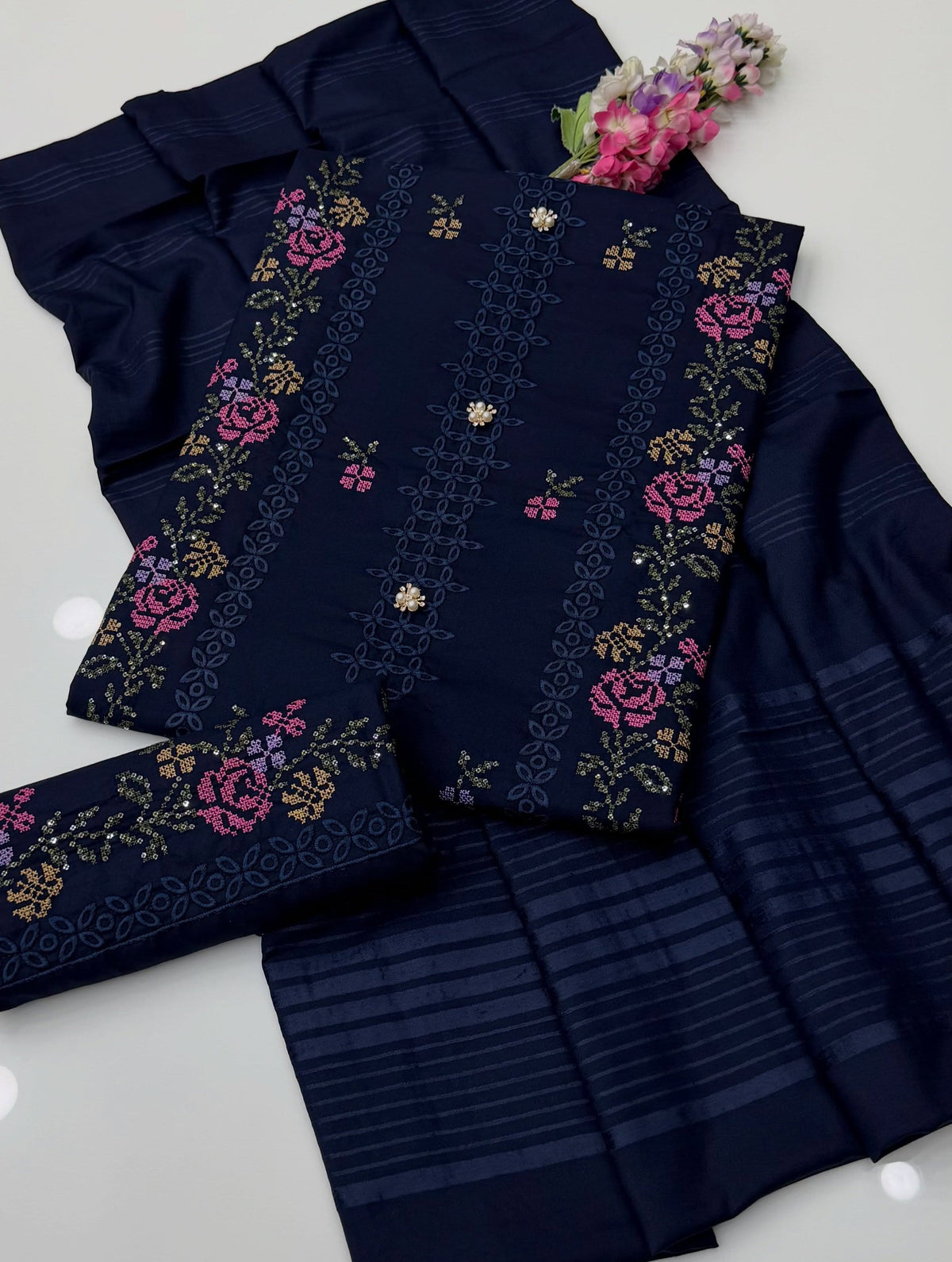 Chikankari Sequence Sitara Cross Stitch Floral Embroidered Dhanak Fabric with Velvet Border Shawl Dupatta | 3PC Unstitch Dress | Winter |