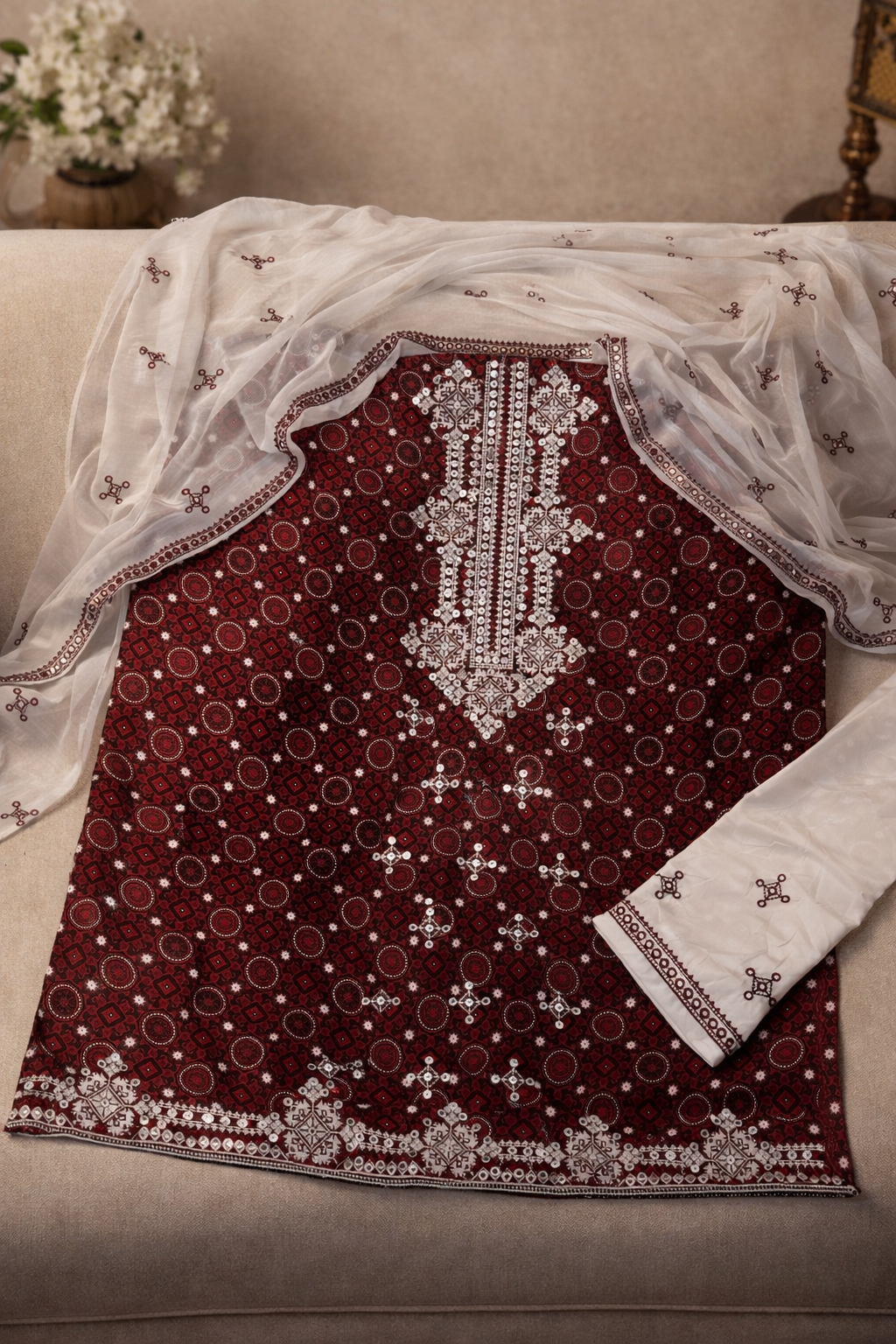 9MM Sitara Computer Embroidery Ajrak Lawn Print Shirt, Soft Cotton Embroiderd Trouser with Chiffon Dupatta - 3PC Unstitch Dress 👗