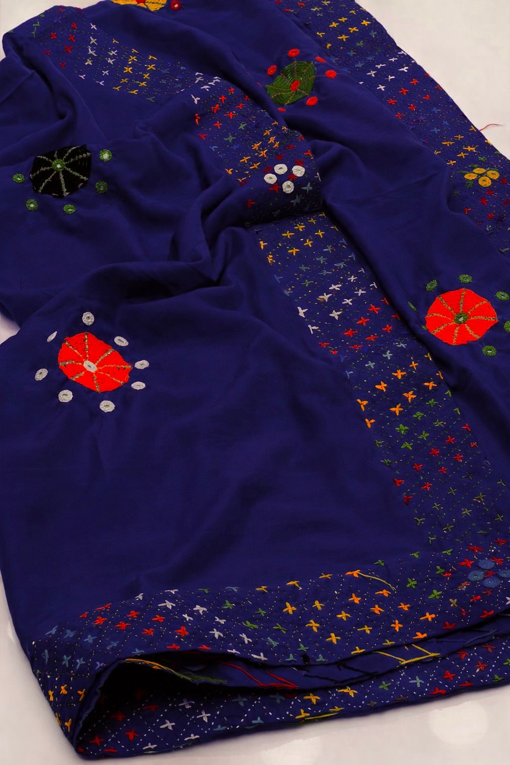 Handmade 4 Side Border Multi Tanka Floral Mirror Work Chaddar – Swiss Voile Fabric