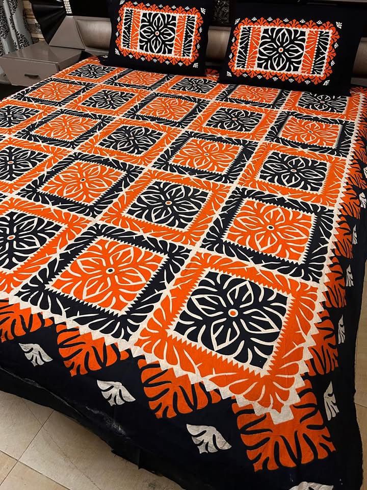 Ajrak Cotton King Size Block Print Bedsheet with 2 Unstitched Pillow Covers