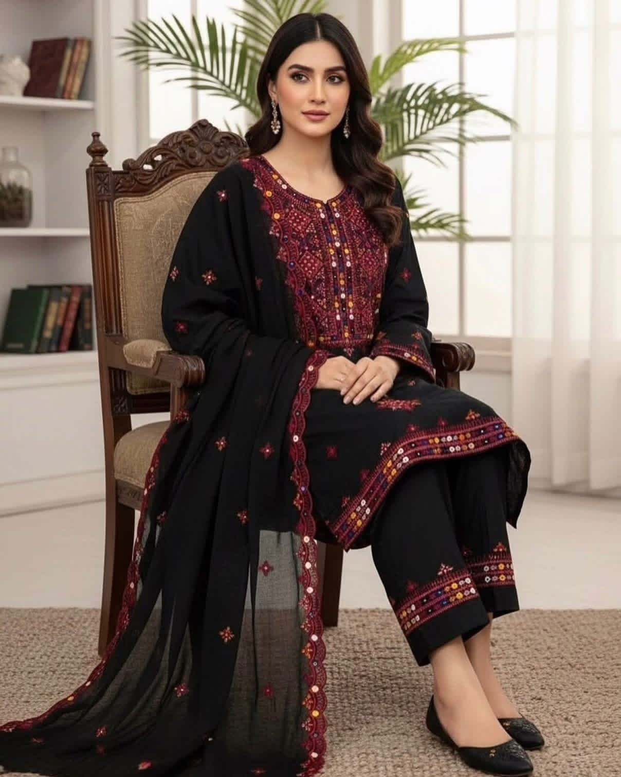 Black Balochi Thick Thread 9MM Sitara Work Machine Embroidered Lawn Cotton with Two Side Cutwork Border Chiffon Dupatta - 3PC Unstitched Dress 👗