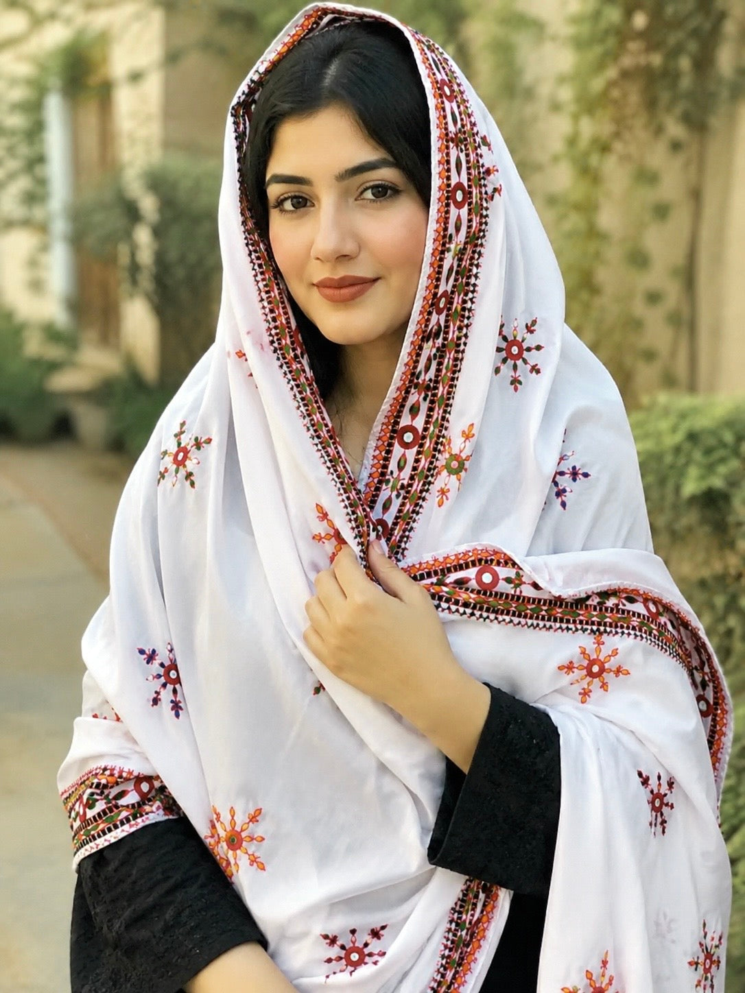 Balochi Handmade Four Border Mirror Work Swiss Voil Fabric - Ladies Long Chadar