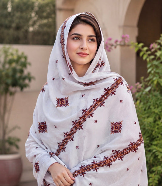 Premium Swiss Voile Four Border Embroidered Chadar | 9mm Sitara Thread Work