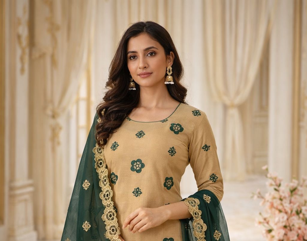 Floral Embroidered Unstitched Soft Cotton 3PC Suit With Chiffon Cutwork Dupatta
