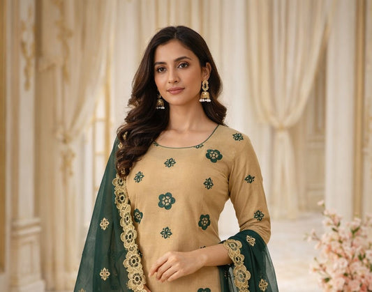 Floral Embroidered Unstitched Soft Cotton 3PC Suit With Chiffon Cutwork Dupatta