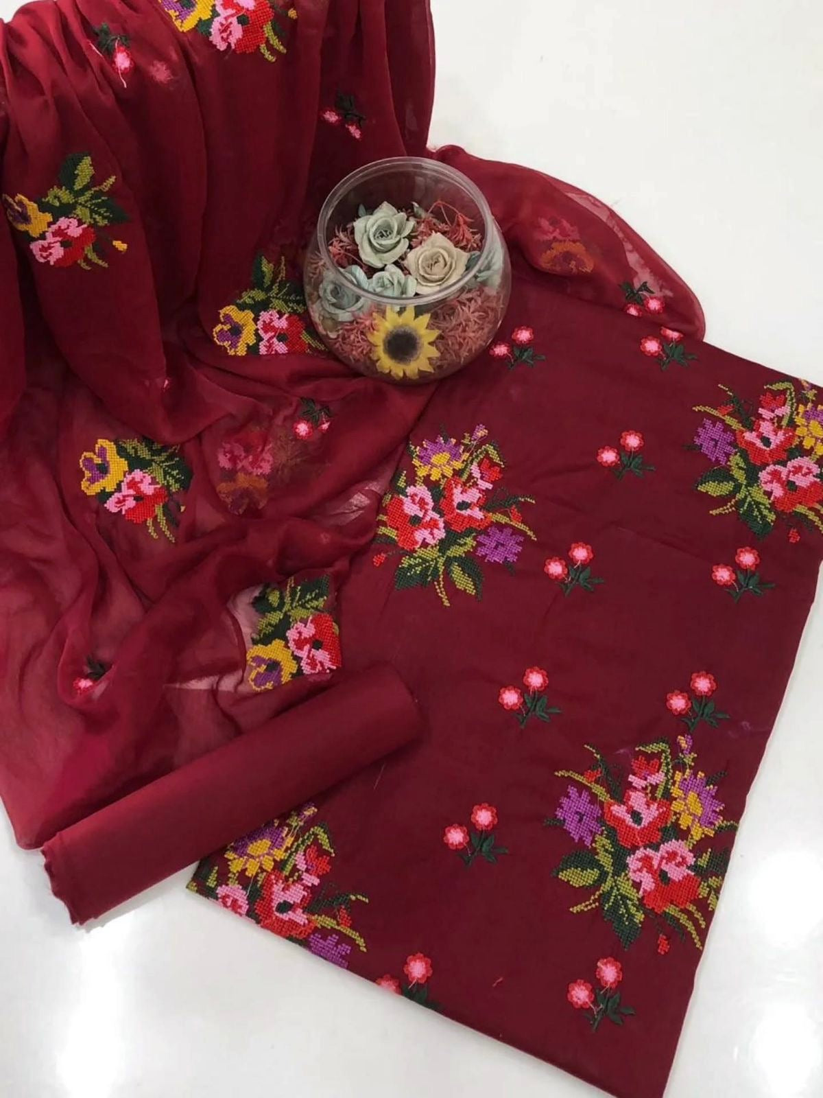 Multi Floral Cross Stitch Embroidered Lawn Cotton with Chiffon Dupatta - 3PC Unstitch Dress 👗