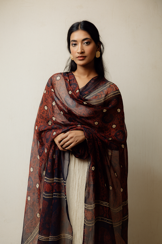 Hand Block Ajrak Printed Soft Chiffon Dupatta – Elegant Traditional Craft