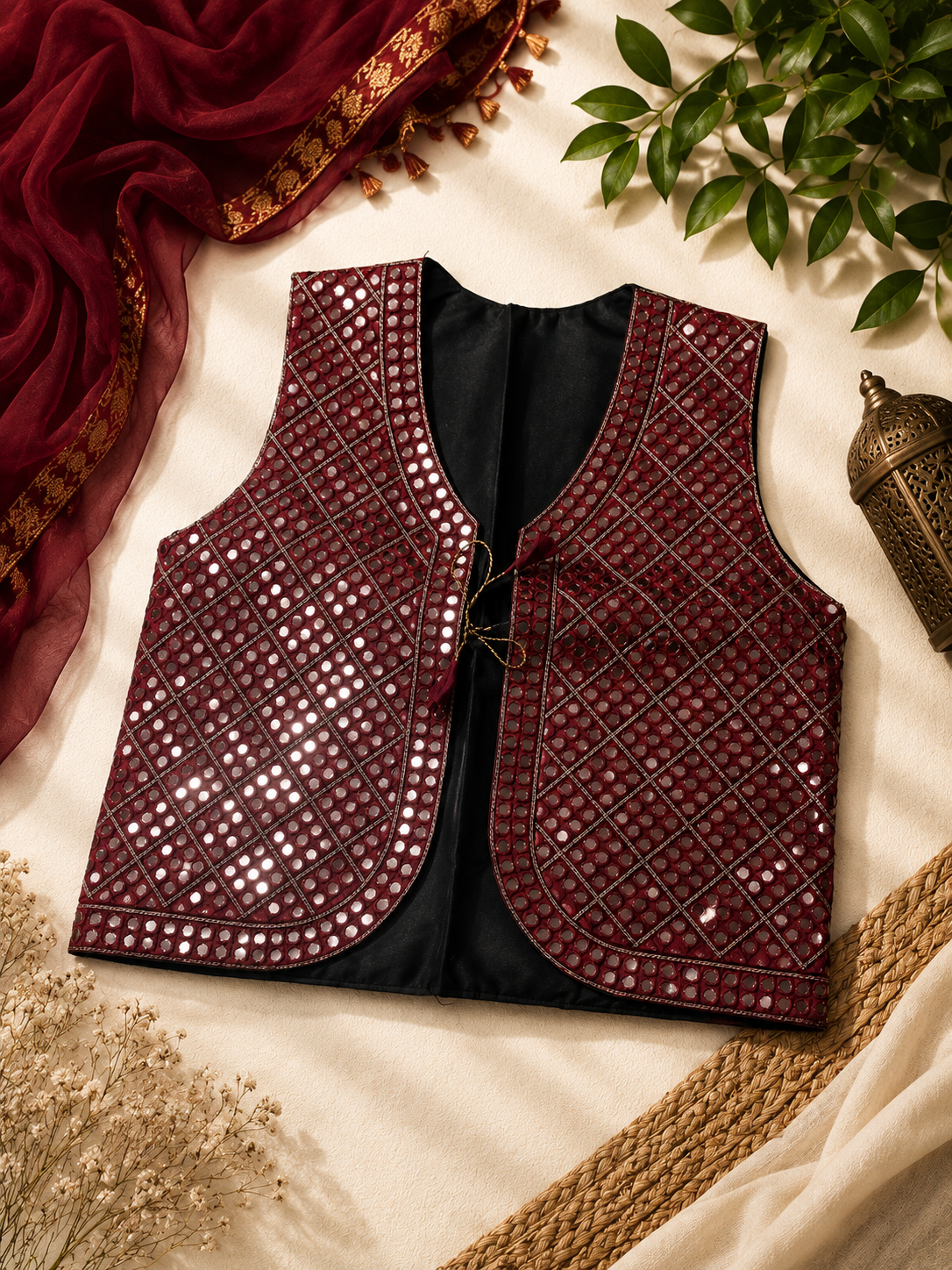 9MM Sitara Full Front Embroidered Ladies Traditional Koti – Maroon | Standard Size