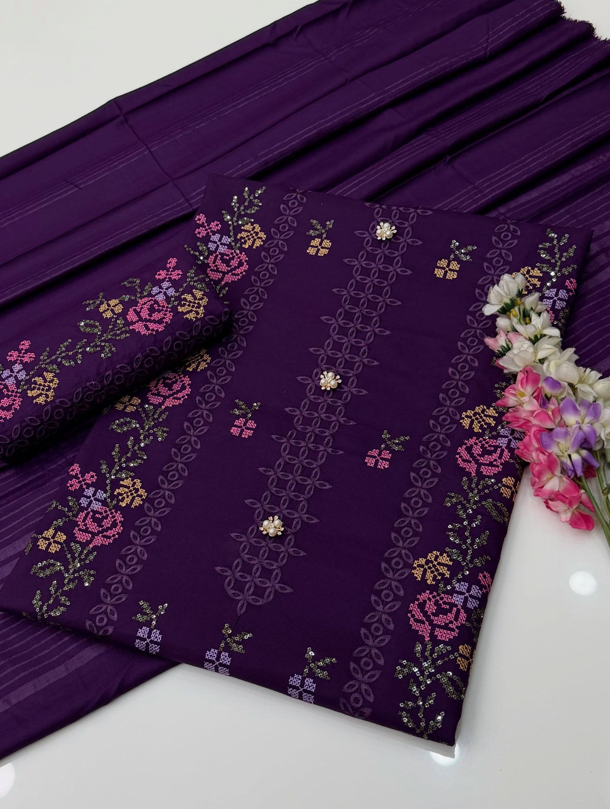 Chikankari Sequence Sitara Cross Stitch Floral Embroidered Dhanak Fabric with Velvet Border Shawl Dupatta | 3PC Unstitch Dress | Winter |