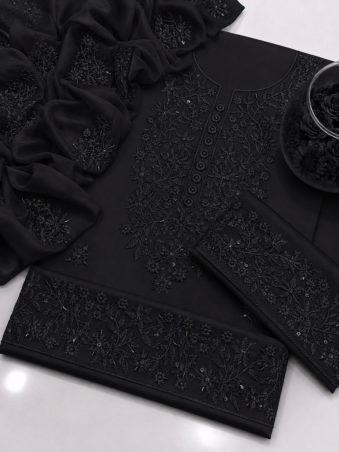 Black 3MM Sitara Thick Thread Embroidery Lawn Cotton with Chiffon Dupatta - 3PC Unstitch Dress – Elegant Party Wear