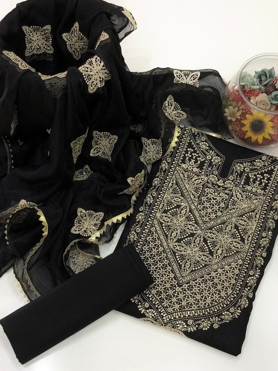 Black Soft Cotton Embroidered Suit with 3mm Sequence Work & Chiffon Dupatta – 3PC Unstitch Dress 👗