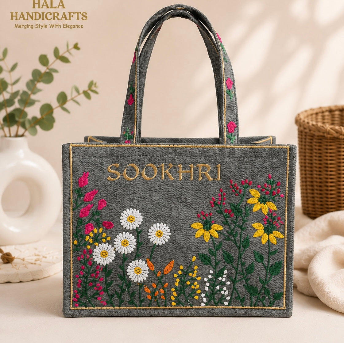 Floral Embroidered Jute Fabric Tote Bag – Medium Size