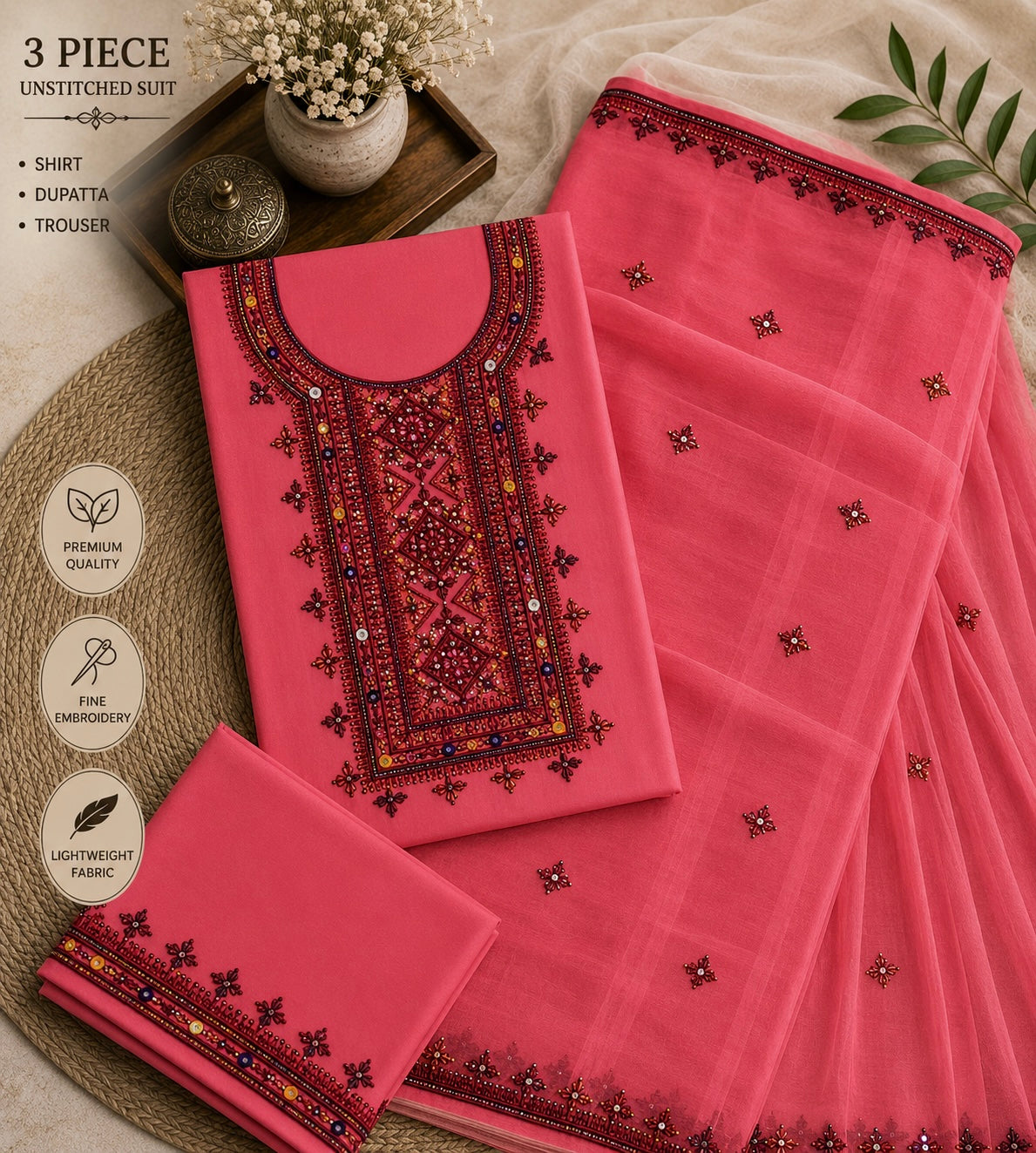 Balochi Thick Thread 9MM Sitara Embroidered Lawn Cotton with Chiffon Dupatta -3PC Unstitch Dress 👗