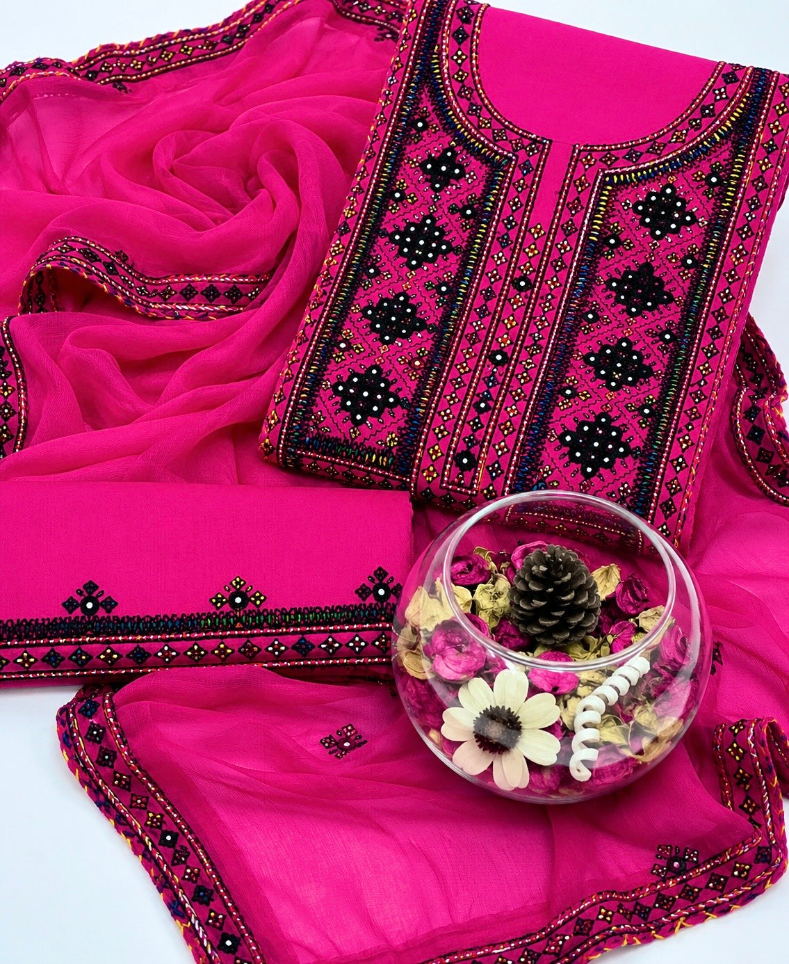 Balochi Handmade Mirror Work Soft Cotton Fabric Shirt & Trouser with Chiffon Dupatta | 3PC Unstitch Dress 👗