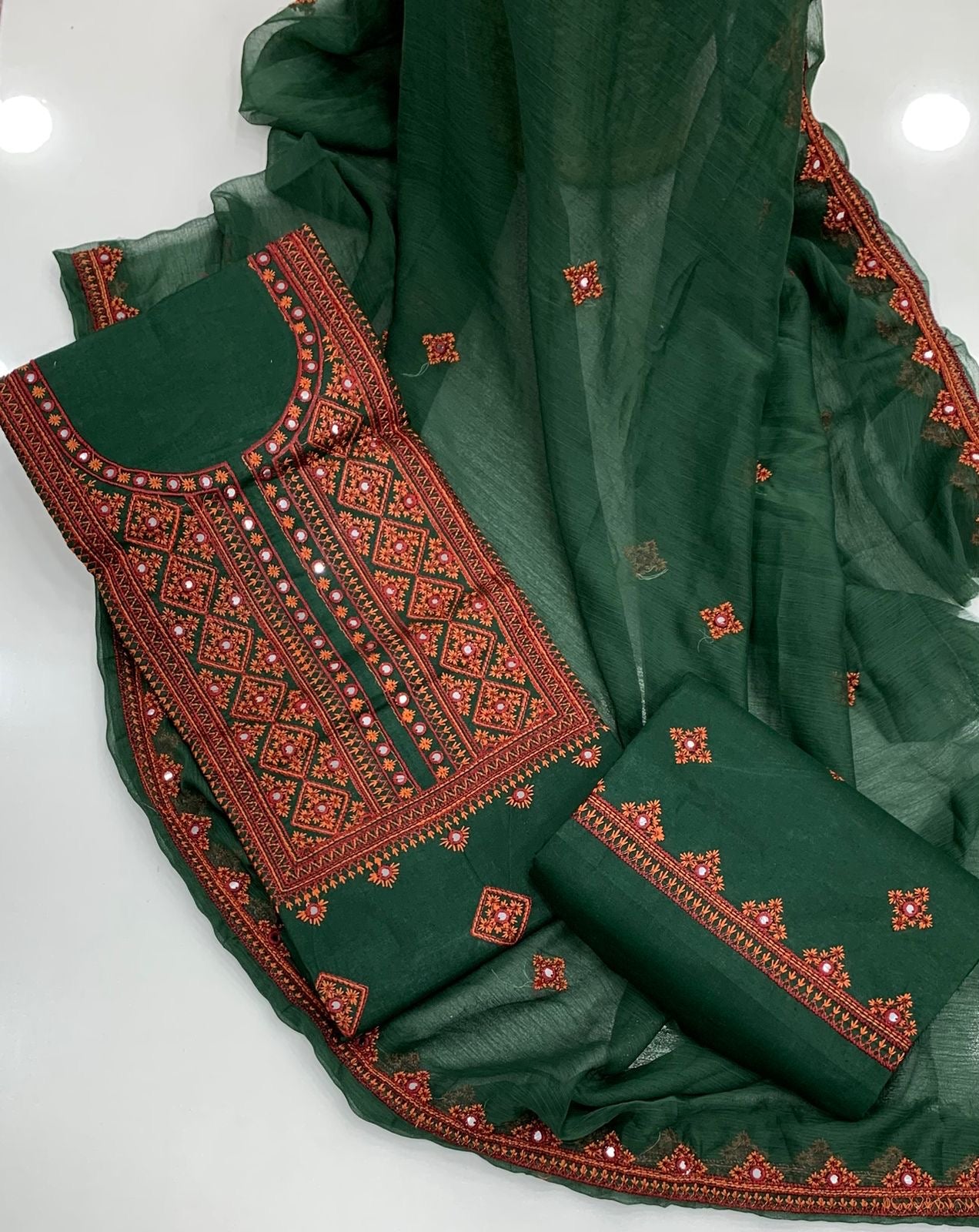 Winter Soft Cotton 3-Piece Balochi Dress | Machine Embroidered Thick Thread & 9MM Sitara Work | Soft Chiffon Dupatta