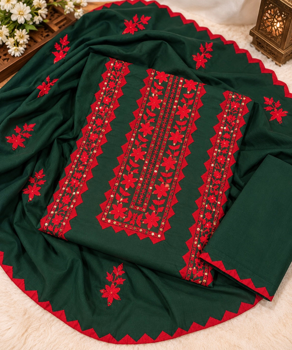Applic Handwork & Machine Floral Embroidery Soft Cotton Shirt, Trouser with Embroidered Soft Cotton Dupatta | 3PC Unstitched Dress