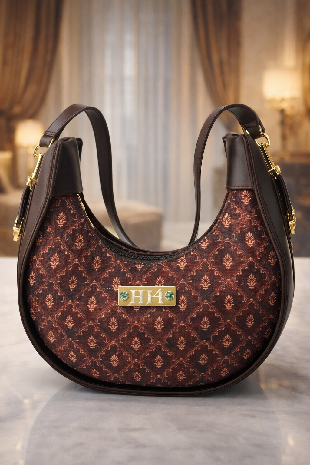 Traditional Printed Canvas Crescent Shape Shoulder Bag with Leather Trim