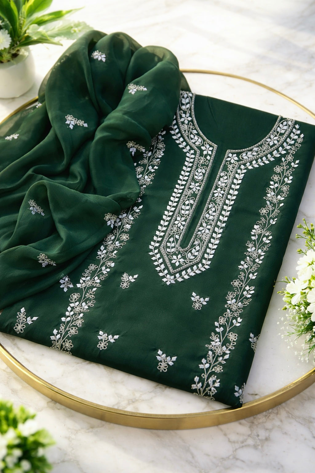 Handmade Applique Leaf, Zari & Pearl Work Lawn Fabric With Chiffon Dupatta 3PC Dress