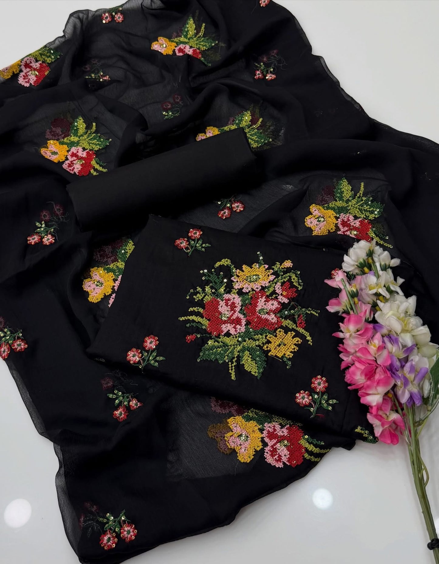 Cross Stitch 3MM Sequence Floral Embroidered Lawn Cotton Shirt & Trouser with Embroidered Chiffon Dupatta | 3 Piece Unstitched Dress