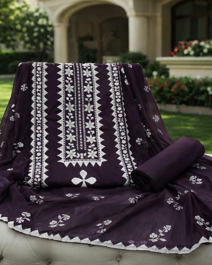 Elegant Handmade Applic Work Embroidery Lawn Cotton with Chiffon Dupatta - Unstitch 3PC Dress 👗