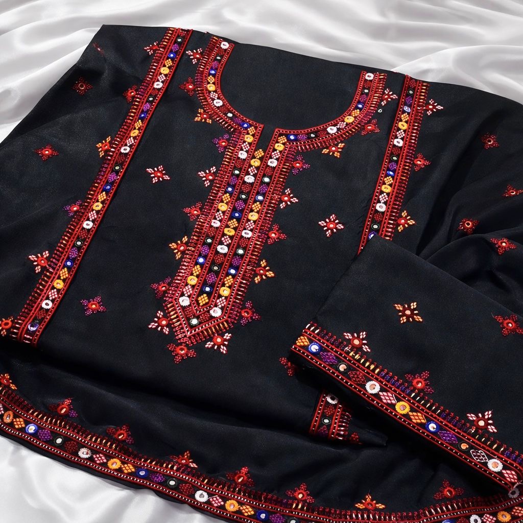 Balochi Gala Bail Daman 9MM Sitara Thick Thread Embroidered Lawn Cotton with Chiffon Dupatta - 3PC Unstitch Dress 👗