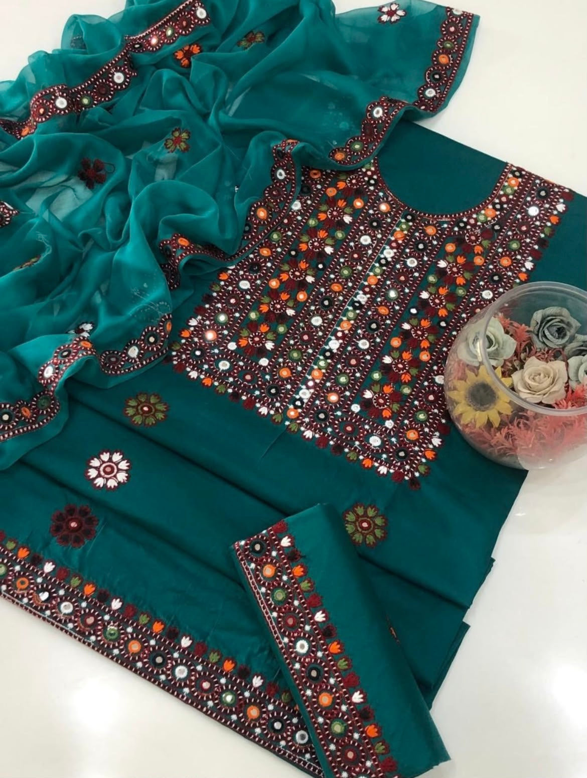 Balochi Multi Thick Thread 9MM Sitara Heavy Embroidered Soft Cotton with Chiffon Dupatta – 3PC Unstitched Dress