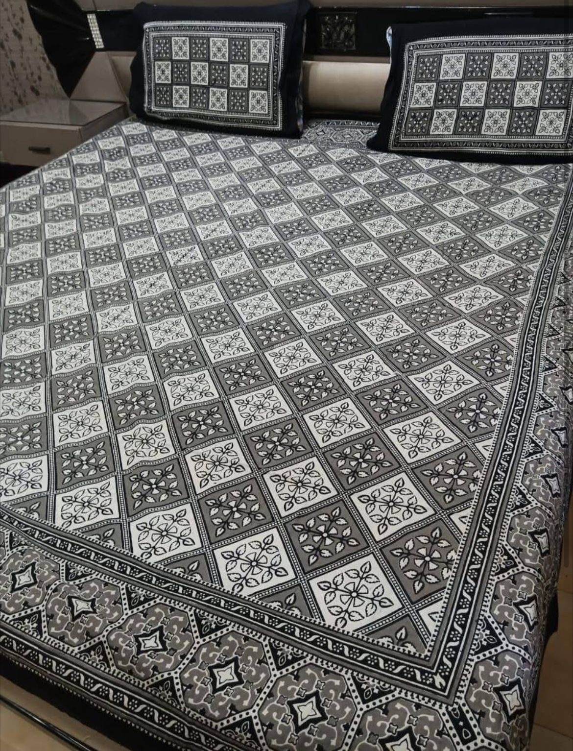 King Size Ajrak Block Hand Print Cotton Stuff Bedsheet Set with 2 Unstitched Pillow Covers