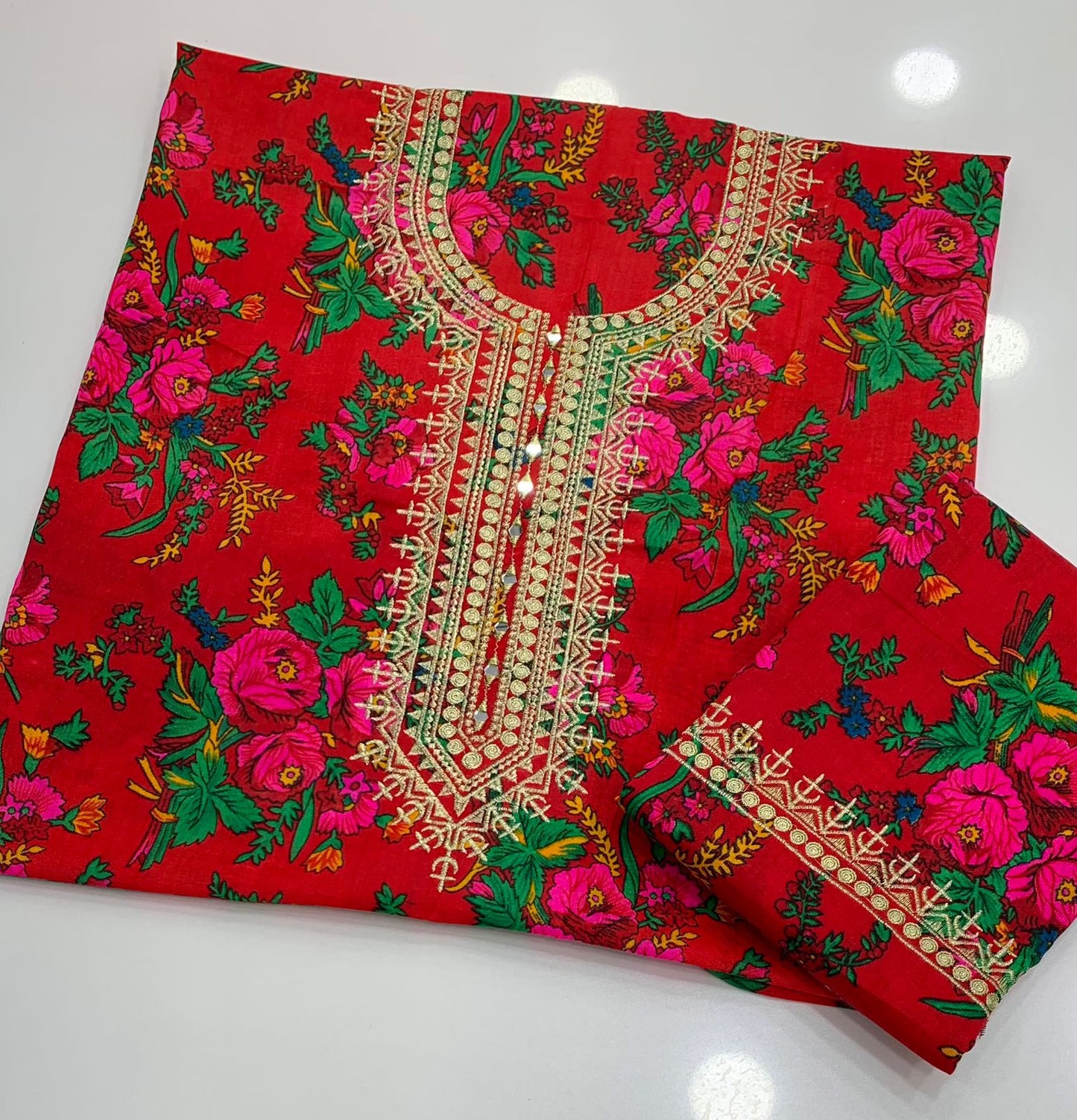 Winter 2-Piece Acrylic Marina Floral Print Suit with Zari Mirror Work