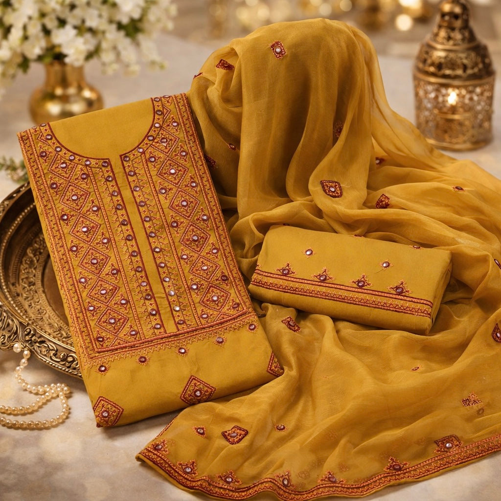 Soft Cotton 3-Piece Balochi Dress | Machine Embroidered Thick Thread & 9MM Sitara Work | Soft Chiffon Dupatta