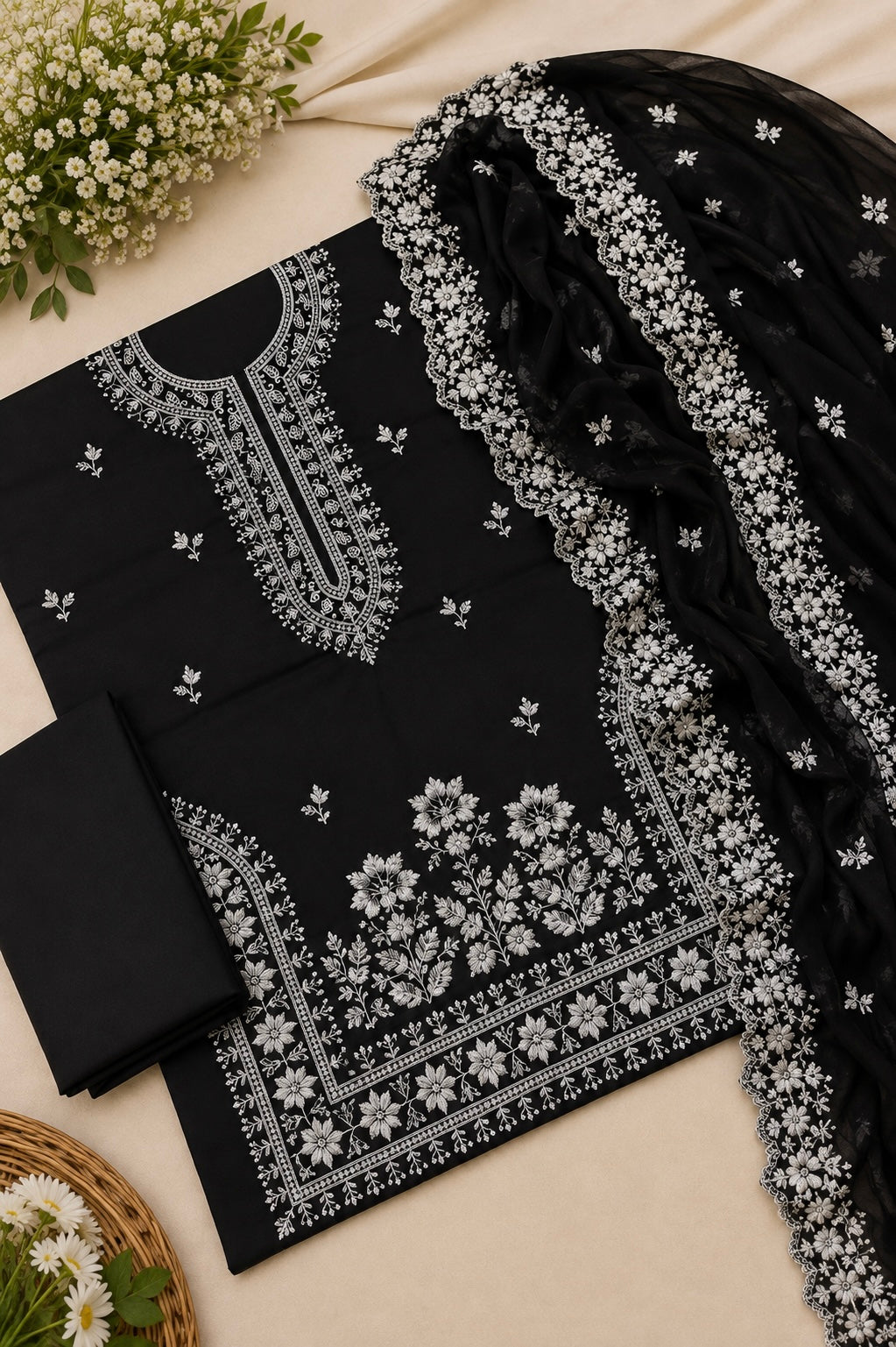 Elegant Computer Embroidered Soft Cotton Shirt & Trouser with Chiffon Cutwork Dupatta - 3PC Unstitched Dress 👗