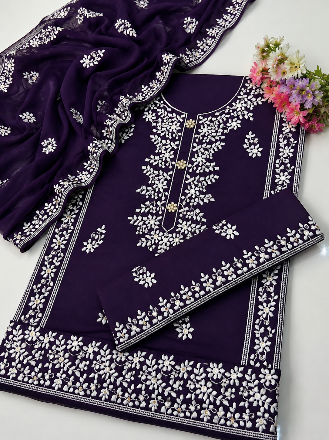 Applic Patti Style Sitara Embroidered Lawn Cotton Shirt & Trouser with Chiffon Embroidered Dupatta - 3PC Unstitch Dress 👗