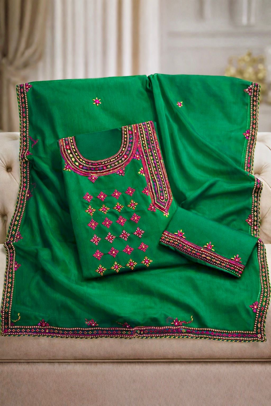 Angrakha Style Gala Balochi Handmade Original Mirror Work Lawn Cotton with Chiffon Dupatta - 3PC Unstitch Dress 👗