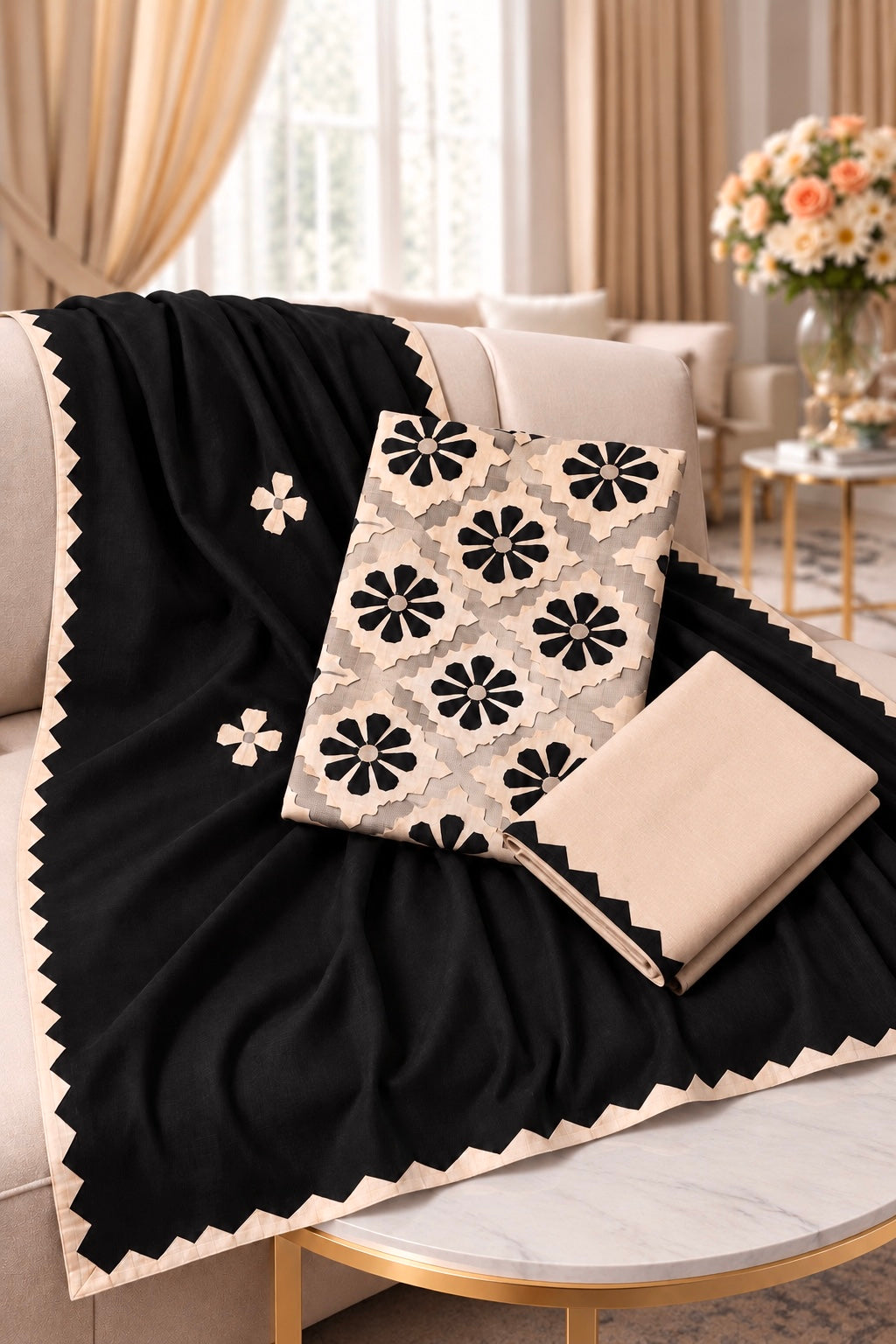 Handcrafted Soft Cotton Applique Work 3-Piece Unstitched Dress with Net Front Panel & Chiffon Dupatta
