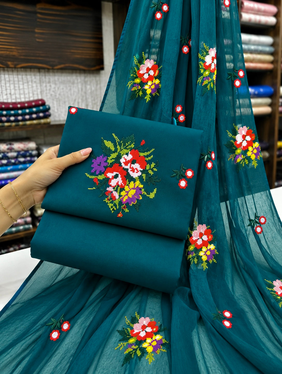 Cross Stitch Multi-Flower Embroidered Soft Cotton with Chiffon Dupatta - 3PC Unstitched Dress 👗