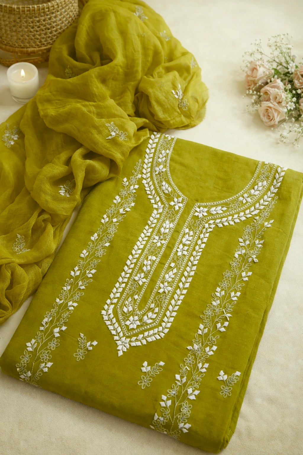 Handmade Applique Leaf, Zari & Pearl Work Lawn Fabric With Chiffon Dupatta 3PC Dress