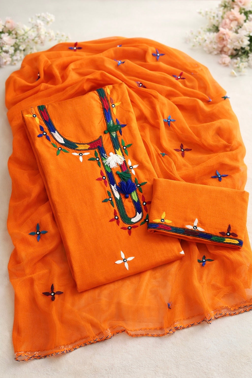 Village Work Handmade Soft Cotton With Chiffon Dupatta - 3PC Unstitch Dress 👗