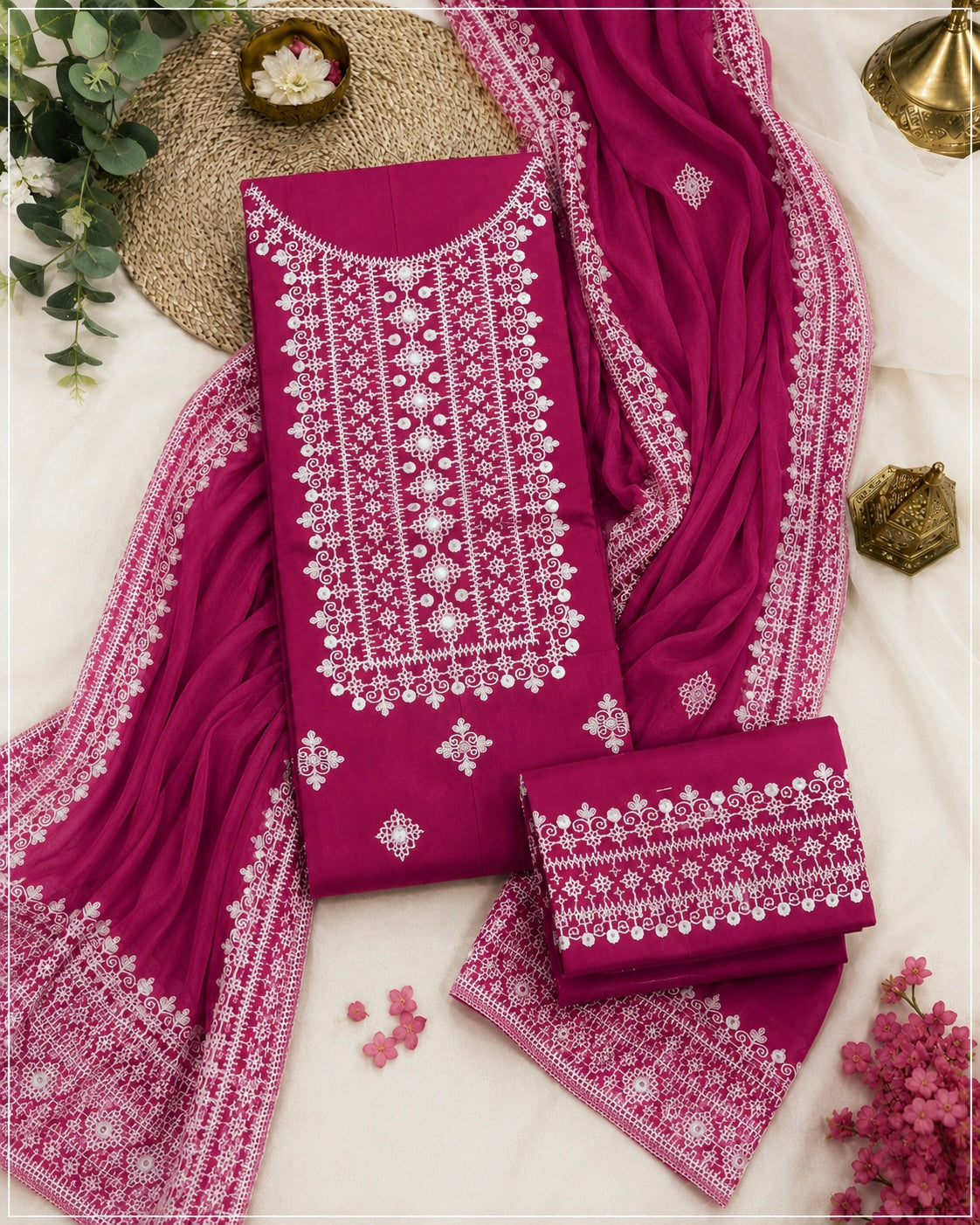Hurmucha Machine Work & Sitara Foil Detailing Embroidered Lawn Cotton with Chiffon Dupatta – 3PC Unstitch Dress 👗