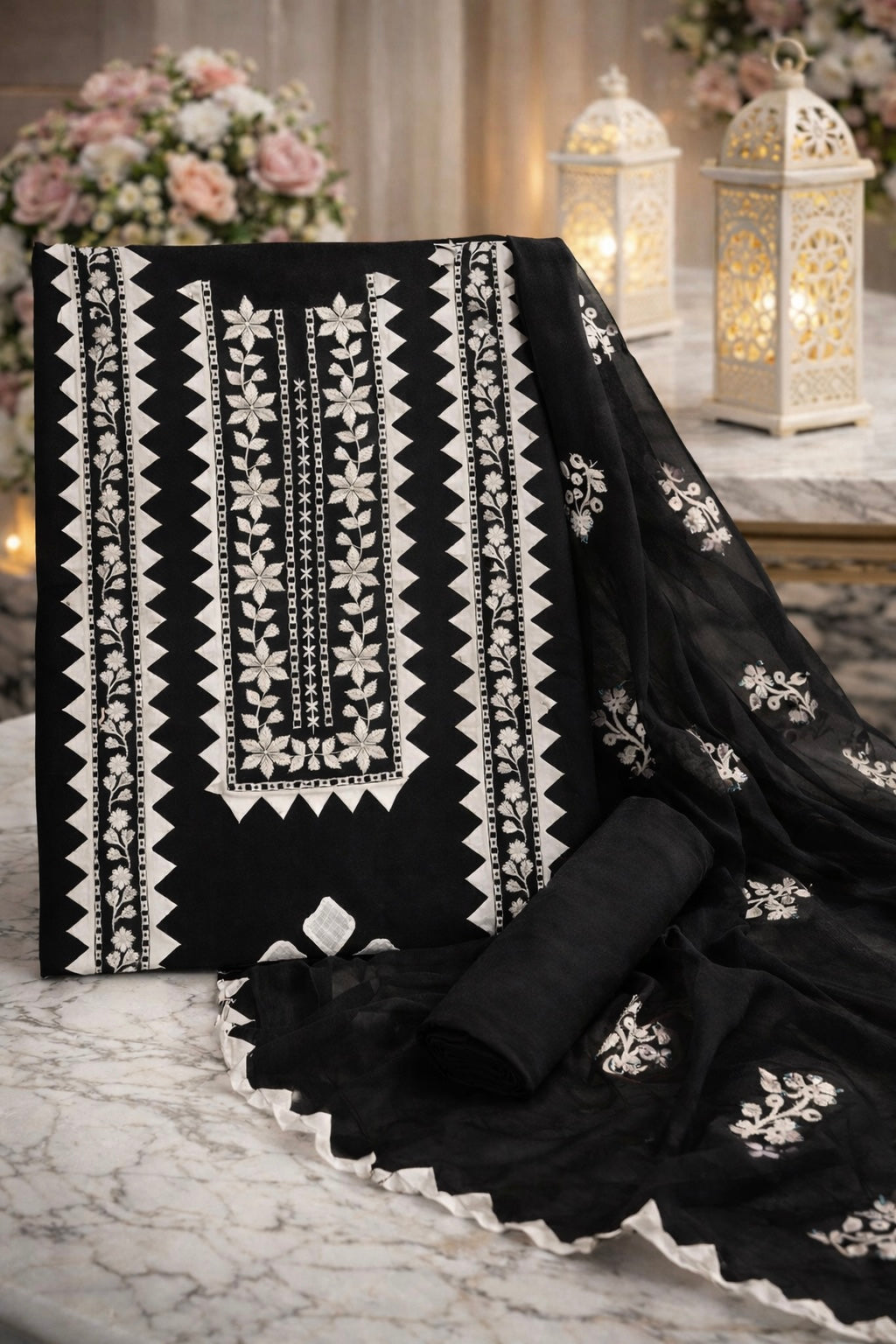 Elegant Handmade Applic Work Embroidery Lawn Cotton with Chiffon Dupatta - Unstitch 3PC Dress 👗