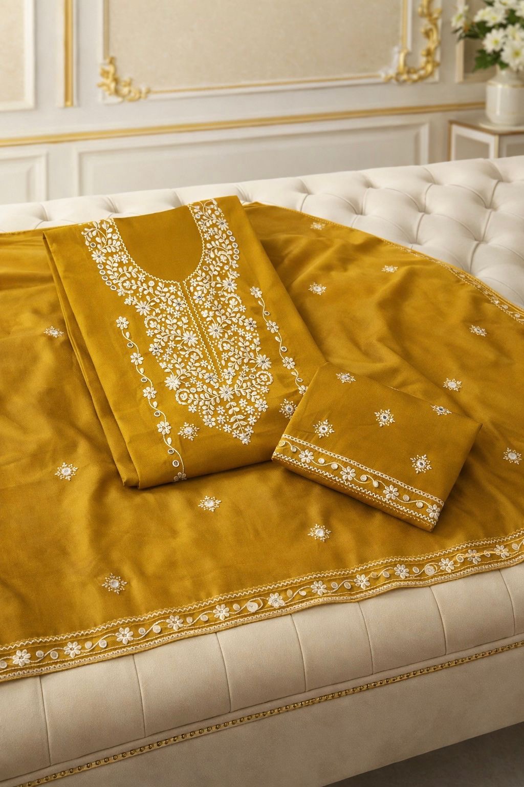 Elegant 3-Piece Pakka Thread 9MM Sitara White Embroidered 3PC Suit – | Lawn Cotton | Chiffon Dupatta