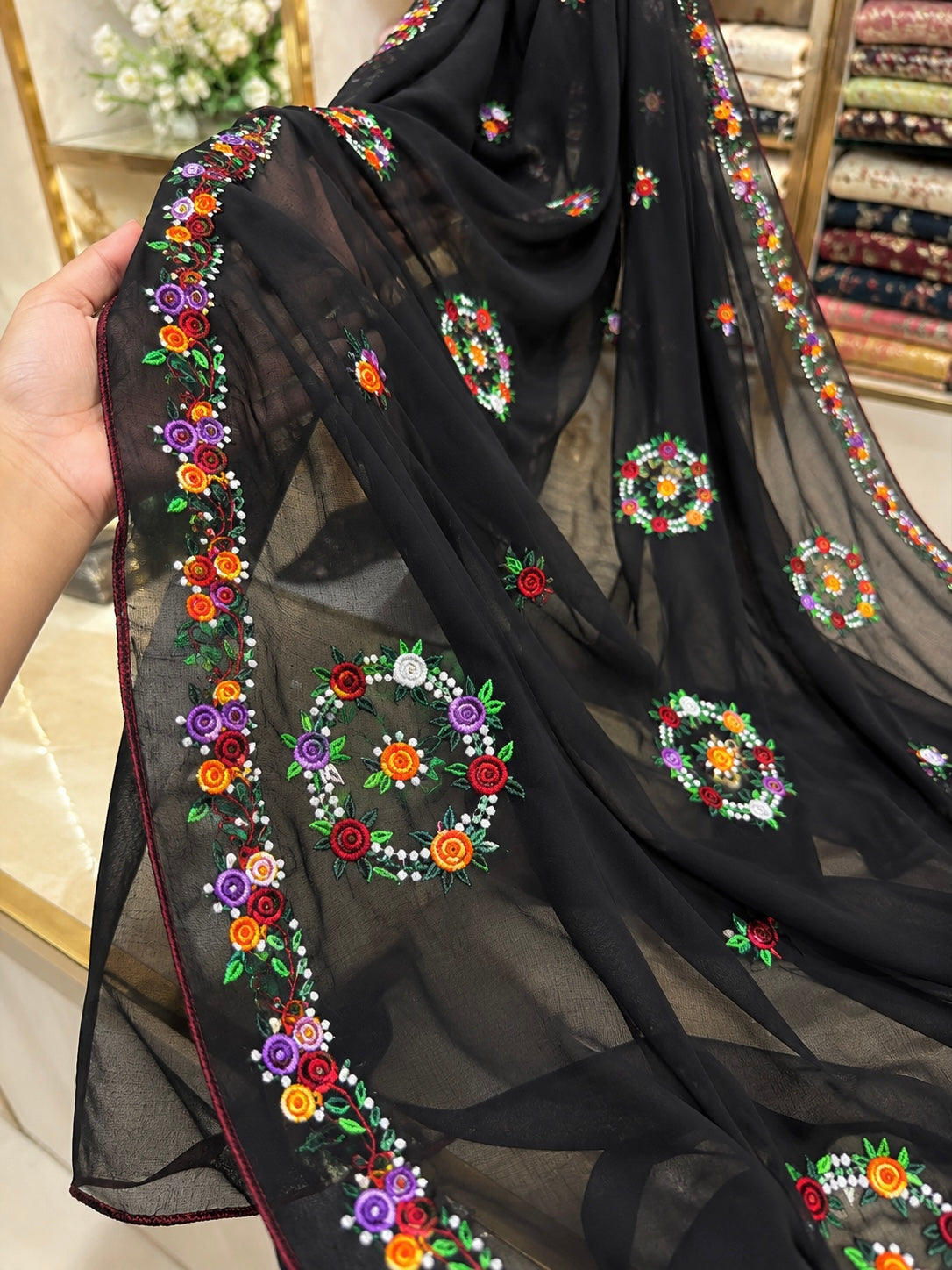 China Krinkle Chiffon Multi Flower Thick Thread Embroidered Ladies Chader