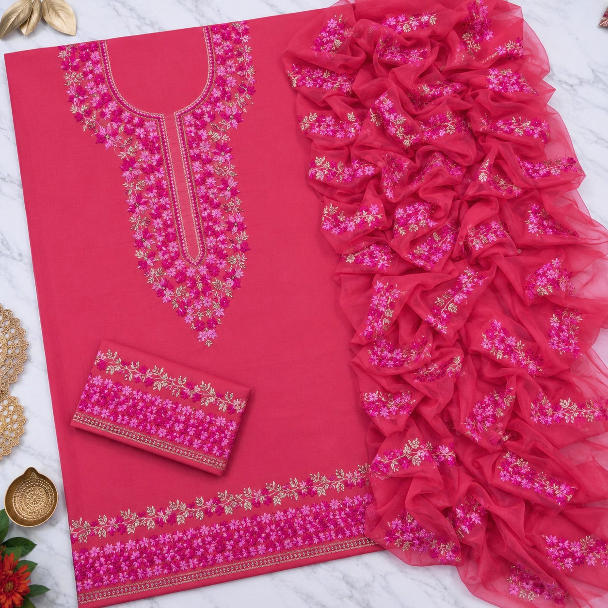 Two-Tone 3MM Sitara Thick Thread Flower Work Embroidery Soft Cotton with Chiffon Dupatta - 3PC Unstitch Dress 👗