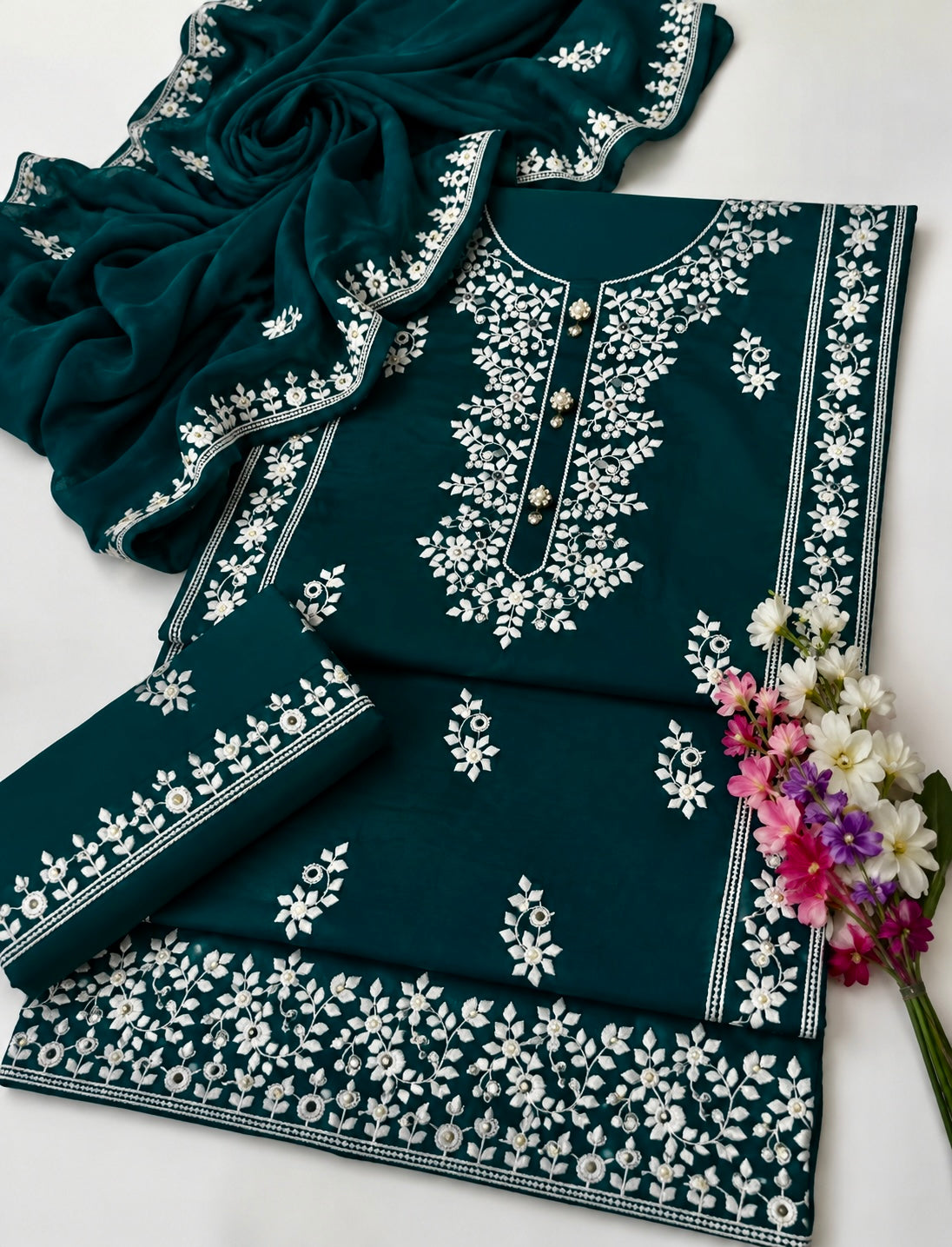 Applic Patti Style Sitara Embroidered Soft Cotton Shirt & Trouser with Chiffon Embroidered Dupatta - 3PC Unstitch Dress 👗