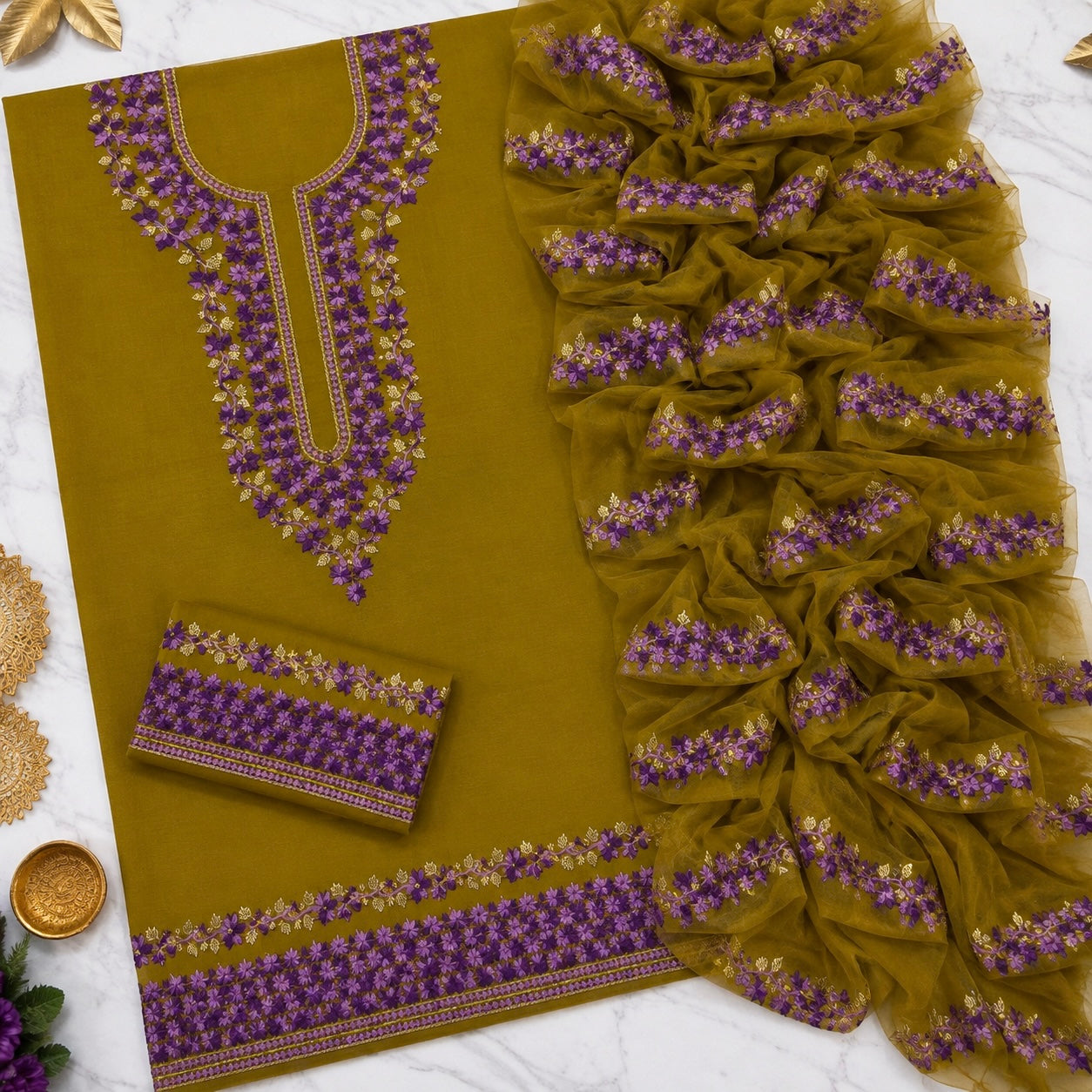 Two-Tone 3MM Sitara Thick Thread Flower Work Embroidery Soft Cotton with Chiffon Dupatta - 3PC Unstitch Dress 👗