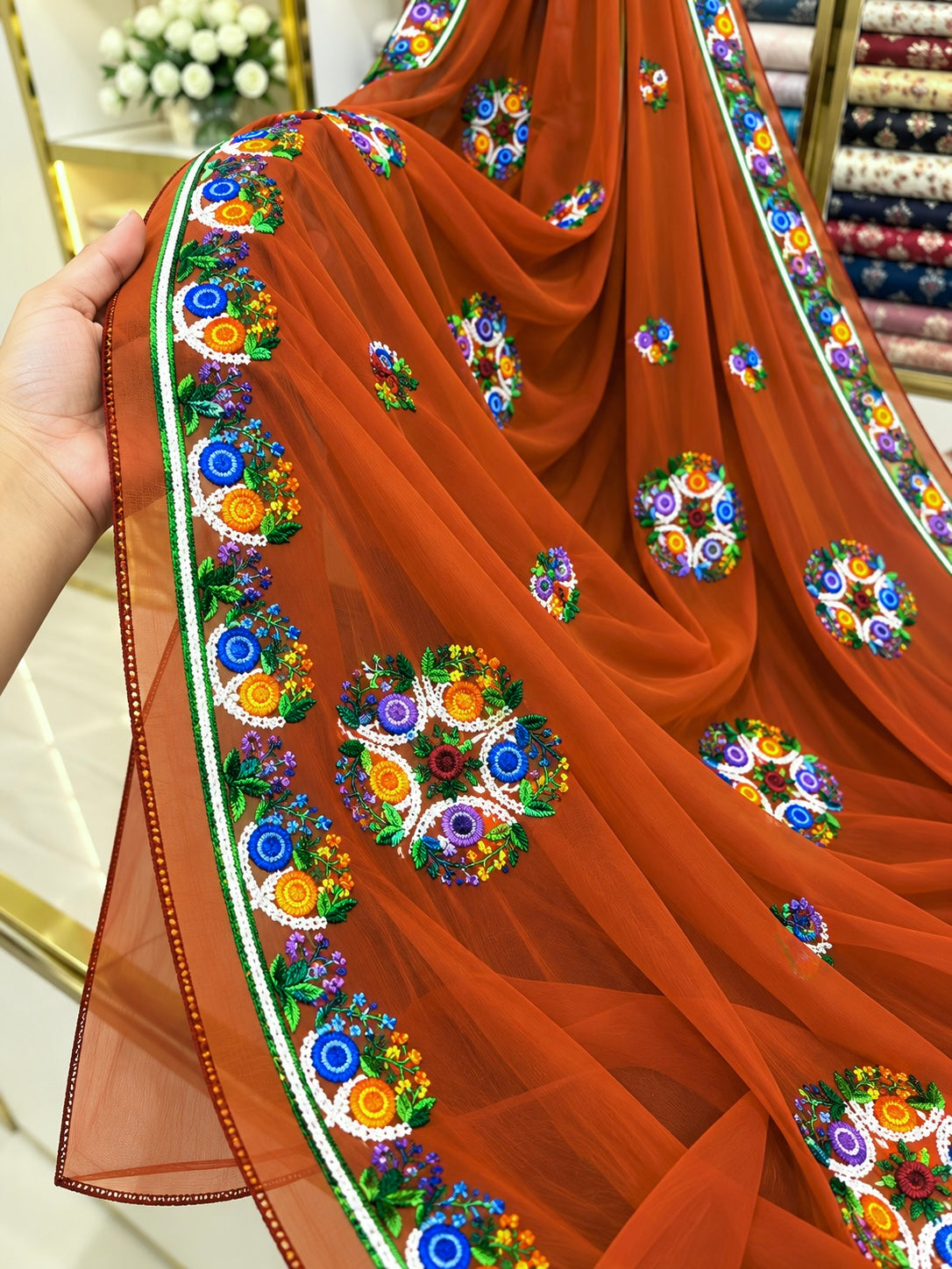 China Krinkle Chiffon Multi Flower Thick Thread Embroidered Ladies Chader