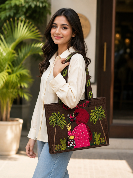 Sookhri Handcrafted Embroidered Jute Tote Bag for Women | Eco-Friendly Shopping & Everyday Handbag (15 Inches Length | 11.5 Inches Width)