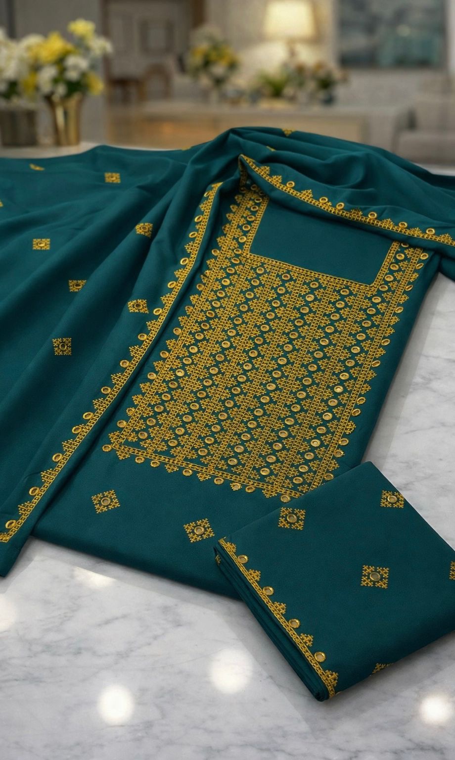 Sindhi Hurmucha Style Soft Cotton 3-Piece Suit with 9MM Sitara Computer Embroidery